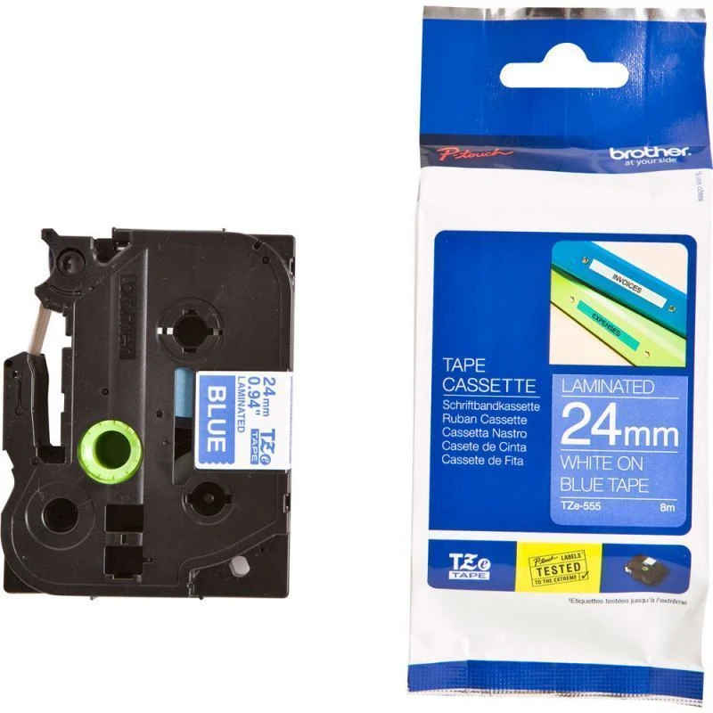 9084-brother-tze555-p-touch-blanc-sur-bleue-laminat-24mm-x-8m-TZe555-linksolutions-ma Brother TZe555 P-Touch Blanc Sur Bleue Laminat 24mm X 8m – Image 1