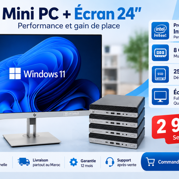 Pack ordinateur HP Mini PC Core i5 8 Go RAM SSD 256 Go avec écran HP 24 pouces