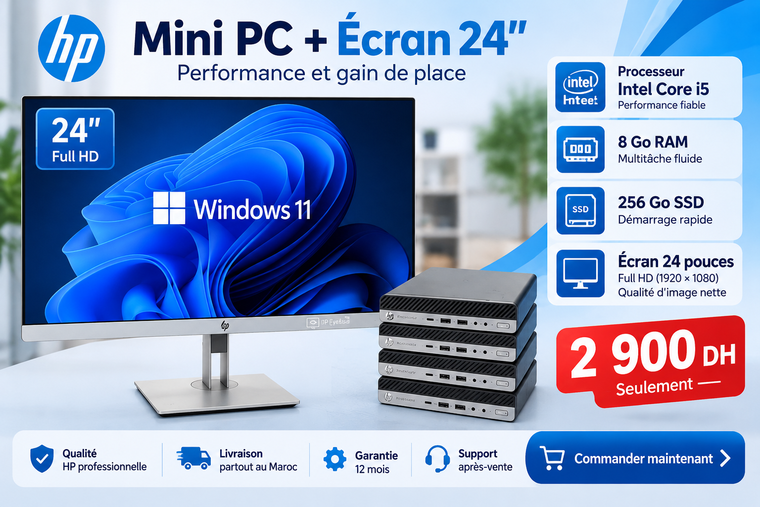 Pack HP Mini PC Core i5 + Écran HP 24 pouces Pack ordinateur HP Mini PC Core i5 8 Go RAM SSD 256 Go avec écran HP 24 pouces